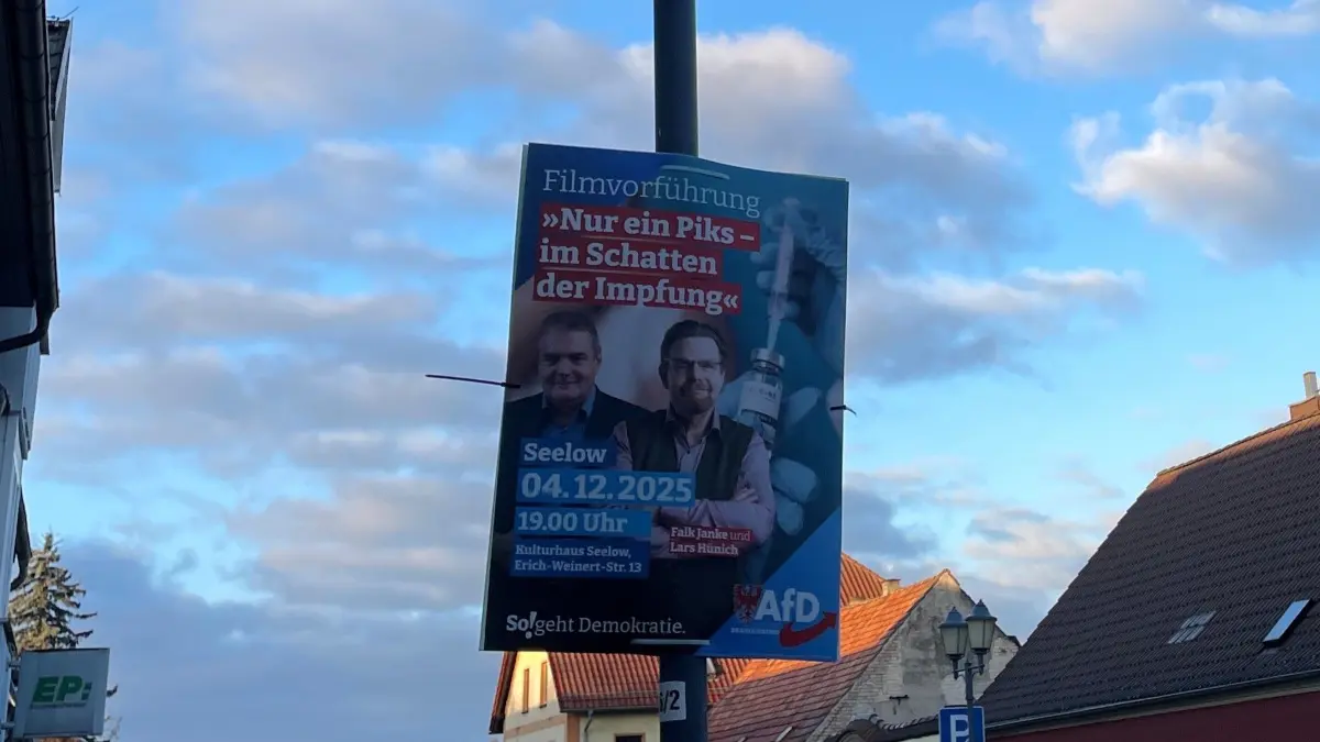 Werbung für einen Bürgerdialog der AfD-Landtagsfrajtiin in Seelow: Gezeigt wird ein Film von Mario Nieswandt zur Corona-Pandemie.