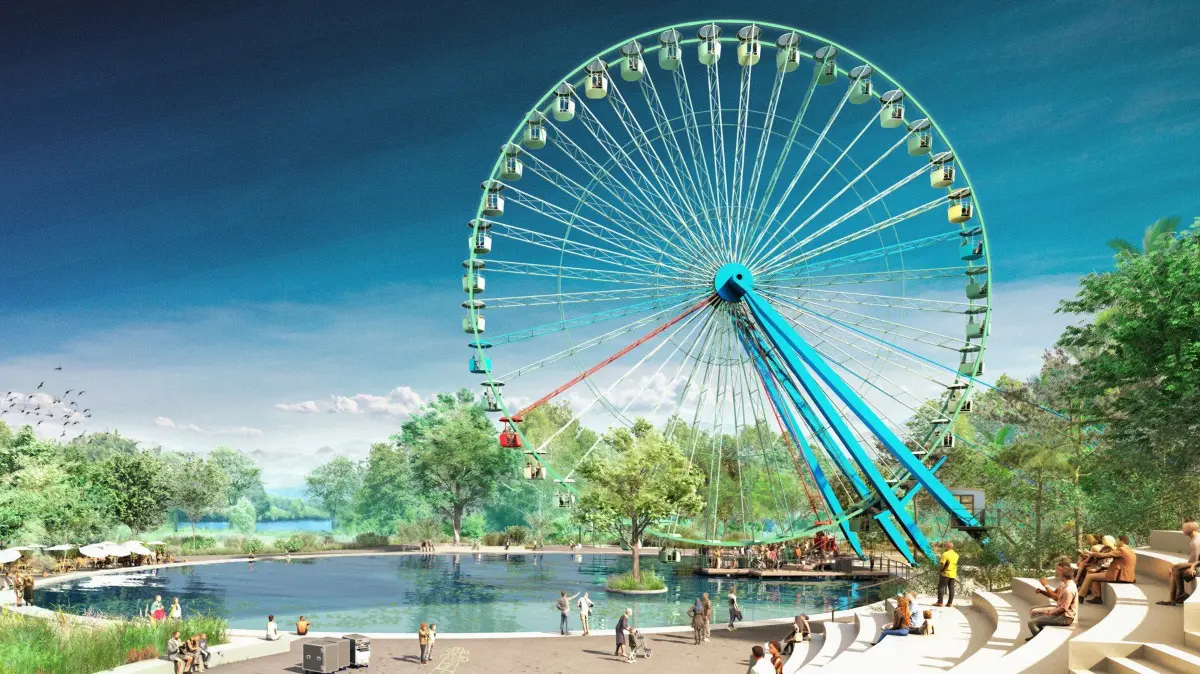 So soll es im Spreepark in Berlin 2027 zur Wiedereröffnung aussehen. Das Riesenrad dreht sich aber schon jetzt.