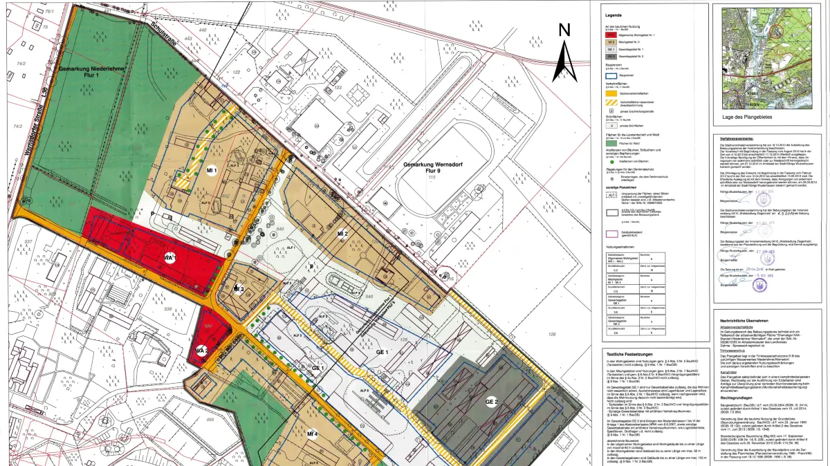 Bebauungsplan der "Innenentwicklung Waldsiedlung Ziegenhals" aus dem Jahr 2010, mit Wohngebieten (rot), Mischgebiet (braun) und Gewerbegebiet (grau).