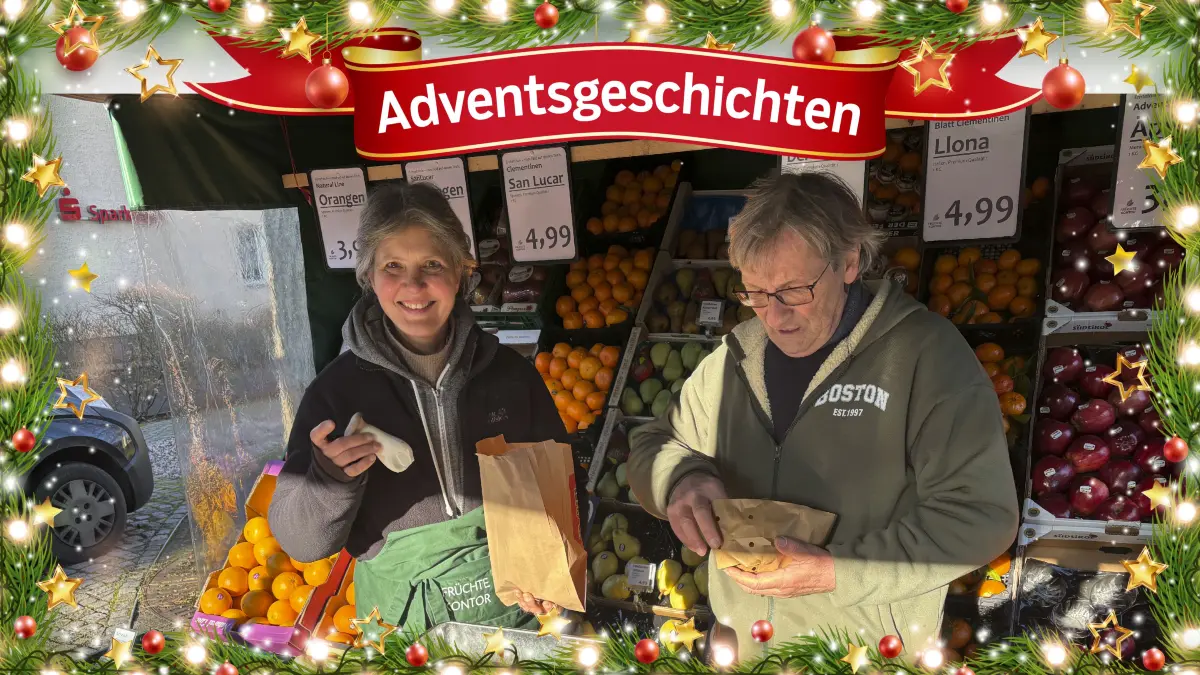 Adventsgeschichten - Birgit und Michael Krohn betreiben seit einigen Monaten mit Leidenschaft einen Obst- und Gemüsestand in der Seestraße in Bad Saarow.