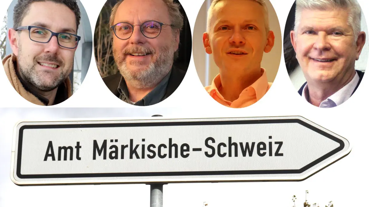 Wohin treibt das Amt Märkische Schweiz mit zugespitztem Streit und Rissen: Rehfeldes Bürgermeister Patrick Gumpricht, Amtsausschussvorsitzender Klaus Müller, Amtsdirektor Marcel Kerlikofsky und Buckows Bürgermeister Thomas Mix (von links)