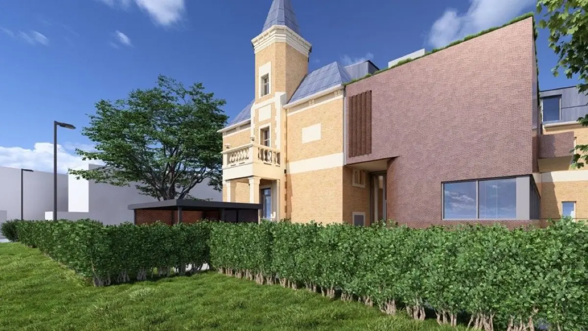 Digitale Simulation der sanierten Villa Picht und des neuen Anbaus.