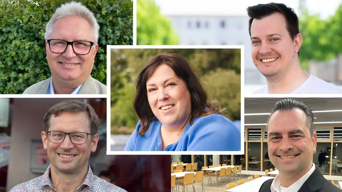 Vier Männer und eine Frau bewerben sich um das Bürgermeisteramt in Strausberg: Steffen Schuster (UfW Pro Strausberg, Bild links oben), Knut Sören Steinkopf (Die Linke, unten links), Patrick Hübner (parteilos, oben rechts), Dennis Panser (AfD, unten rechts) sowie Annette Binder (parteilos, Mitte)