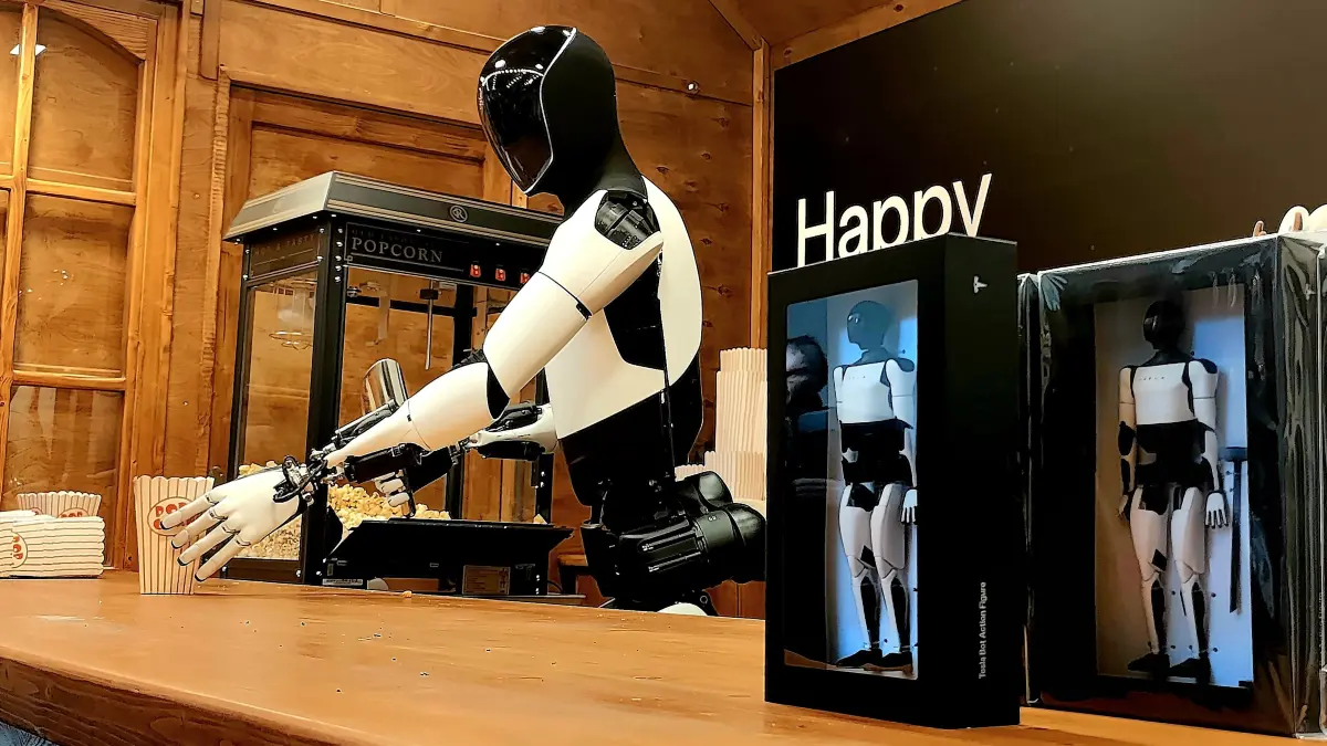 Der humanoide Roboter Optimus von Tesla in der Mall of Berlin. Viele Berufe könnten bald durch Androiden wie ihn ersetzt werden. Erst mal macht die Maschine aber nur Popcorn. Wie lange bleibt das so?