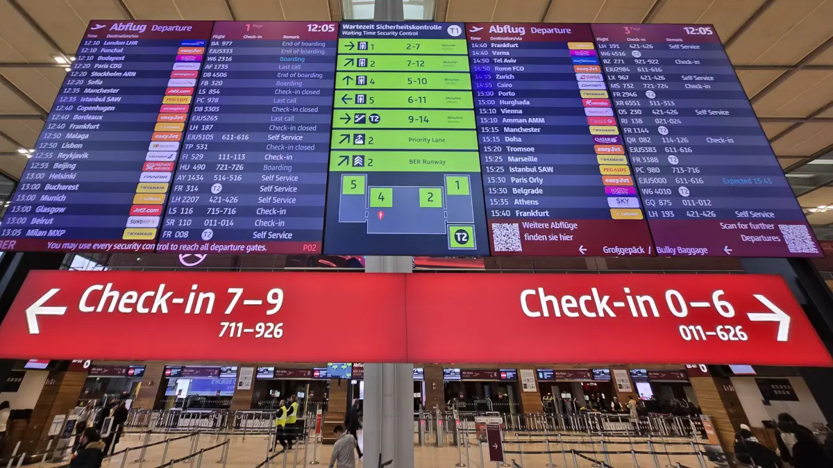 Tafel mit Abflügen und Wartezeiten für den Sicherheits-Check. Keine Verspätungen und kurze Schlangen am Flughafen BER vor Weihnachten.