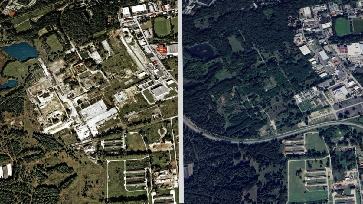 Das ehemalige Progresswerk im Königs Wusterhausener Ortsteil Zeesen auf Sattelitenbildern. Links im Jahr 2000, rechts im Jahr 2025.