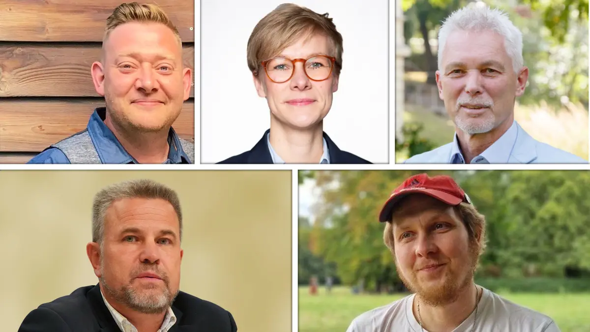 Fotomontage Bürgermeisterwahl in Erkner: (von links oben) Alexander Fiedler (parteilos), Jana Gruber (SPD), Amtsinhaber Henryk Pilz (parteilos), (von links unten) Philip Zeschmann (AfD), David Gehlhaar (Die Linke)