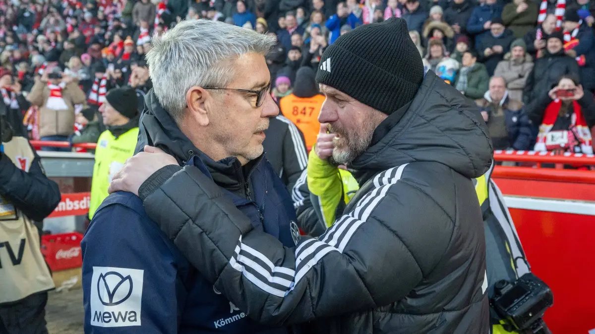 1.BL 1. FC Union - Mainz 05 2025/26: Fußball, Herren, Saison 2025/2026, 1. Bundesliga (16. Spieltag), 1. FC Union Berlin - 1. FSV Mainz 05, v. l. Trainer Urs Fischer (Mainz 05), Trainer Steffen Baumgart (1. FC Union Berlin), 10.01.2026, Foto: Matthias Koch