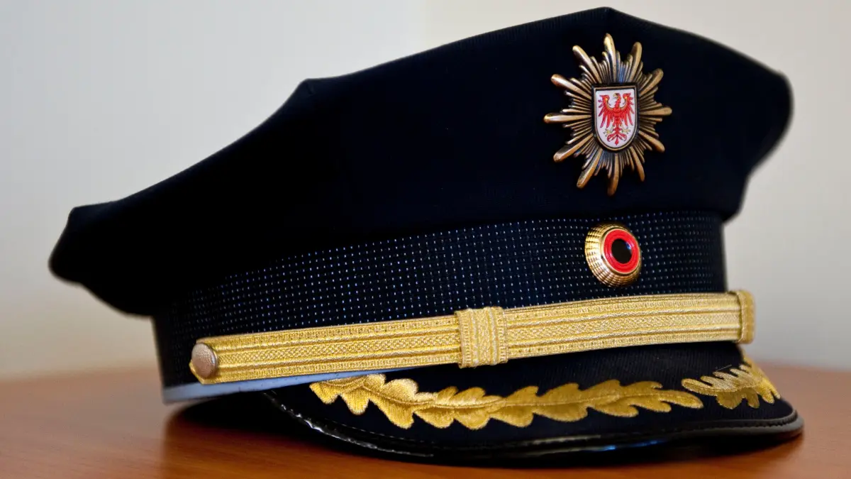Das brandenburgische Wappen an einer Polizeimütze. Im Internet tritt die Polizei jedoch mit einem anderen Logo auf.