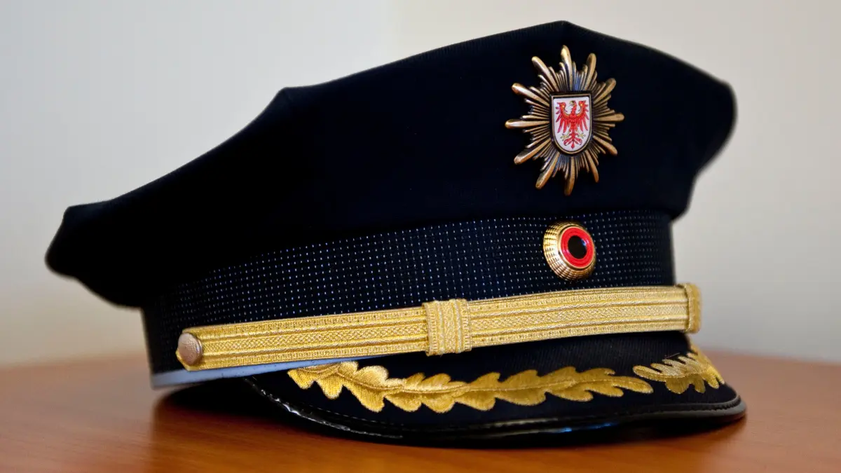 Das brandenburgische Wappen an einer Polizeimütze. Im Internet tritt die Polizei jedoch mit einem anderen Logo auf.