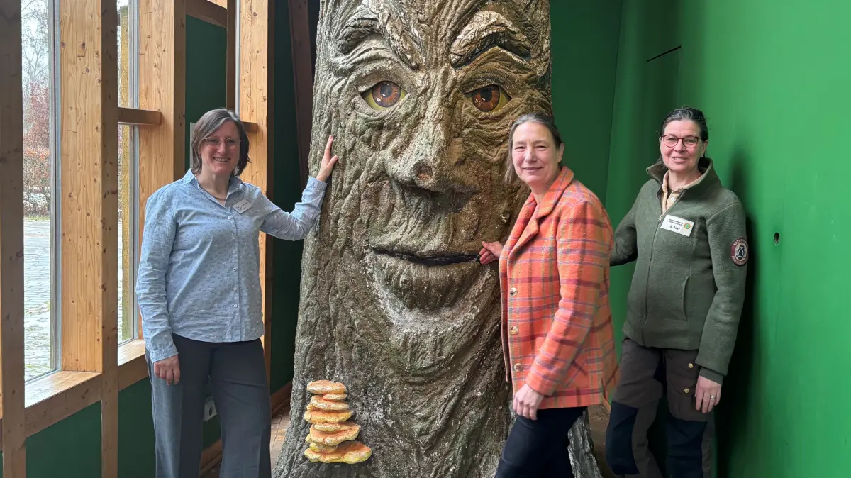 Blumberger Mühle in Angermünde: Der sprechende Baum ist das beliebte Maskottchen des Nabu-Natur-Erlebniszentrums und seit Generationen bei Kindern beliebt. Leiterin Almut Gaitzsch und die Kooperationspartner Susanne Winter, Chefin des Biosphärenreservates Schorfheide-Chorin, sowie Bettina Post von der Naturwacht Brandenburg (v. l.) wollen jedoch noch mehr Angebote für Familien schaffen.
