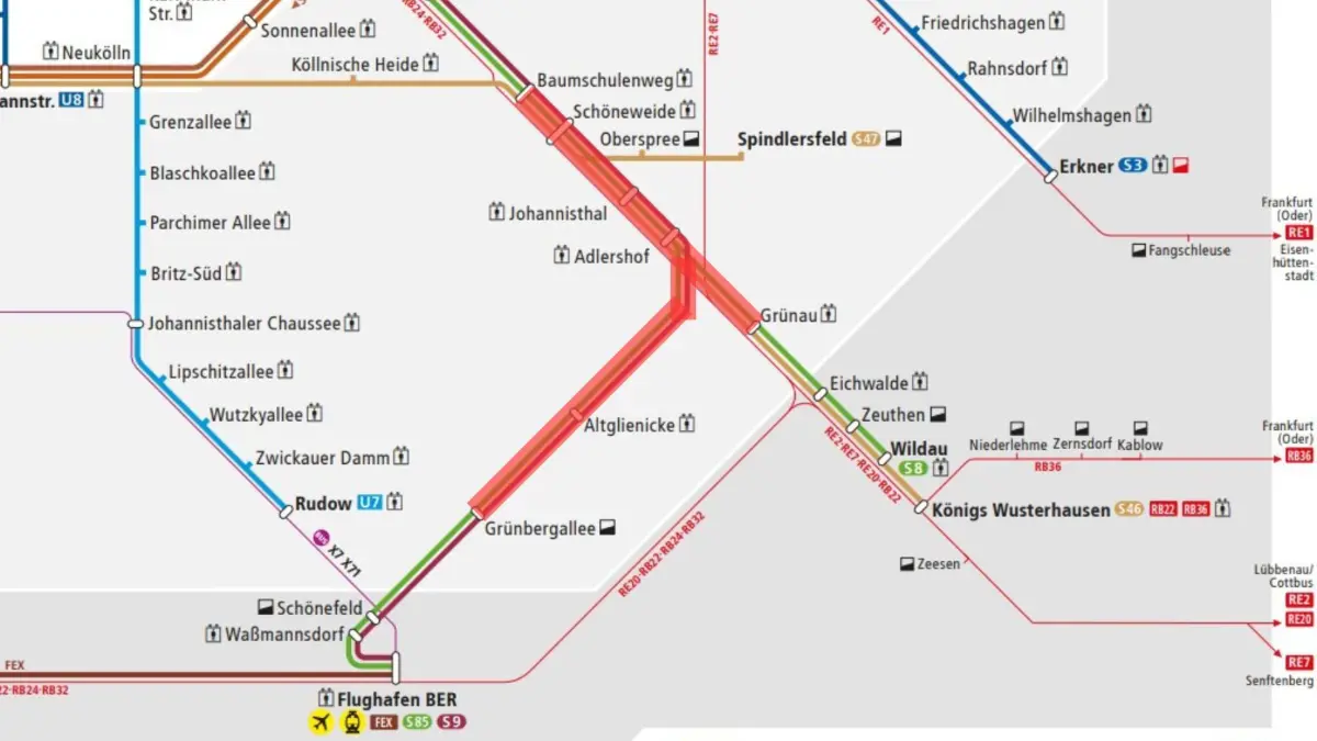 Ausschnitt des S-Bahn-Liniennetzes im Berliner Südosten: Die betroffenen Streckenabschnitte ab Schöneweide sind in Rot markiert.