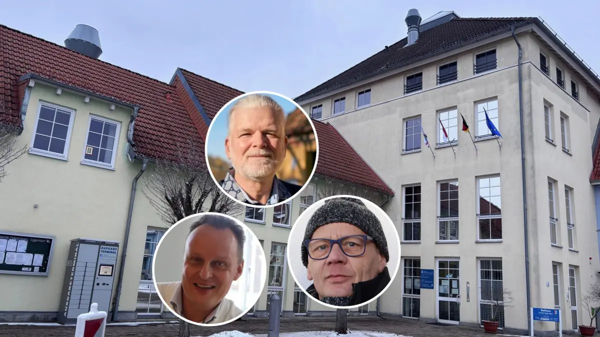 Werden im Wahlkampf um das Amt des Bürgermeisters in den Rathäusern von Eggersdorf (im Bild) und Petershagen wohl nicht aufeinandertreffen: der parteilose Rainer Wesner (oben), der amtierende Bürgermeister Marco Rutter (links) und der von der AfD aufgestellte Dirk Fischer (rechts).