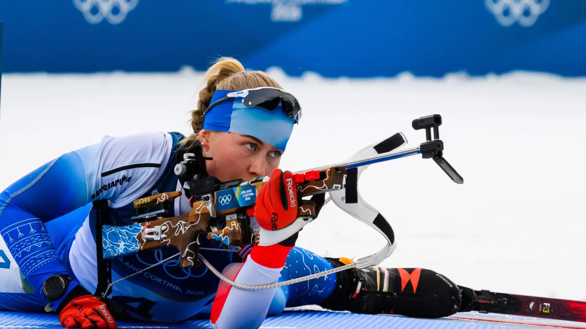 Denmark's Ukaleq Astri Slettemark prepares to shoot in the women's biathlon 15km individual event during the Milano Cortina 2026 Winter Olympic Games at the Anterselva Biathlon Arena (Sudtirol Arena) in Anterselva (Val Pusteria) on February 11, 2026. (Photo by FRANCOIS-XAVIER MARIT / AFP)