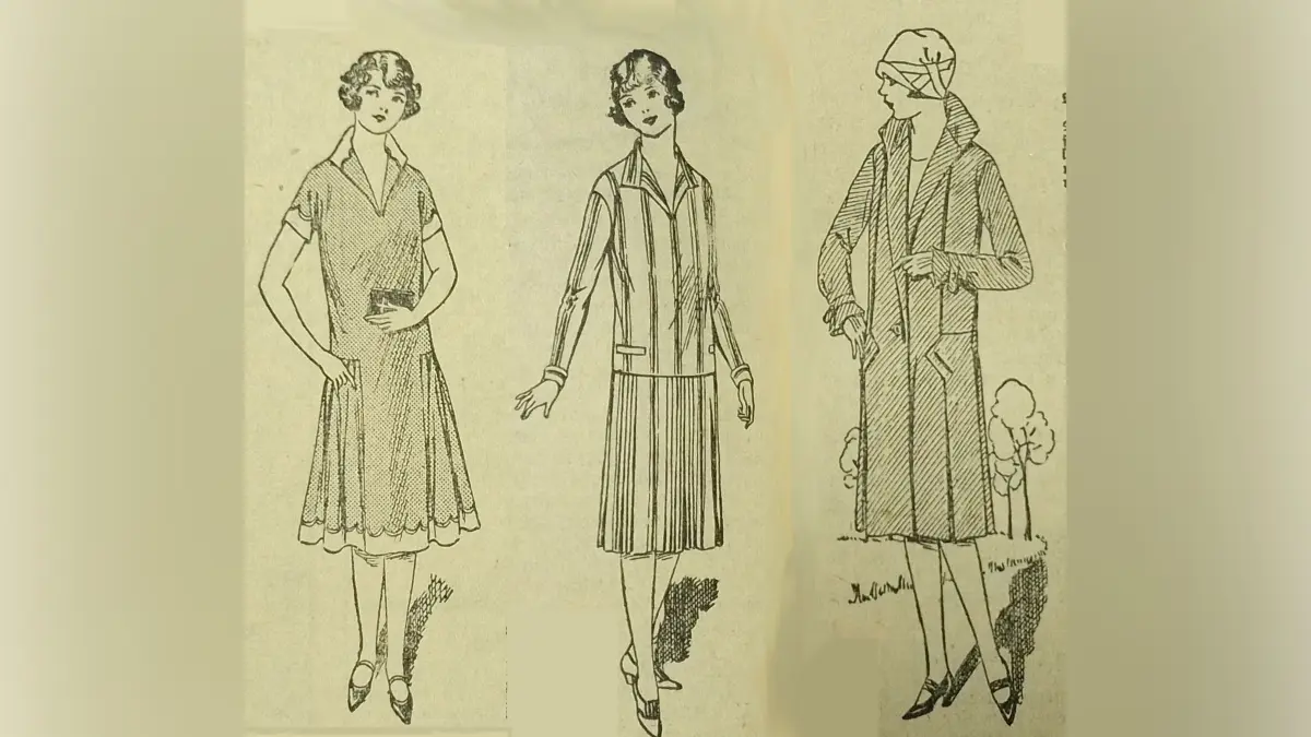 Modetipps für junge Damen in der Fürstenwalder Zeitung von 1926: Das Kaufhaus Flatauer empfahl vor 100 Jahren ein schwarzes Einsegnungskleid mit schwarzem Seidenkrepp, ein gestreiftes Kleid in Jumperform und einen blauen Frühlingsmantel (von links).
