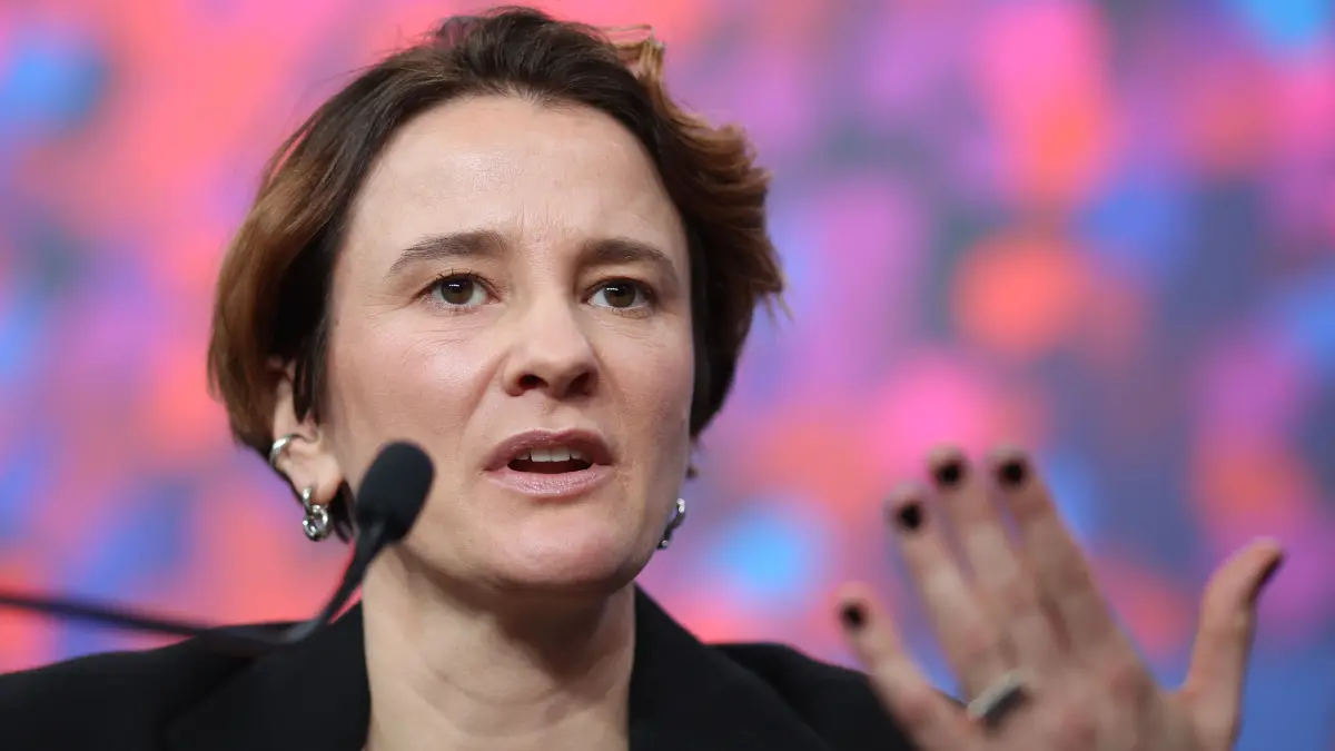 776458887: German director Eva Trobisch attends a press conference for the film "Etwas ganz Besonderes" (Home Stories) presented in competition at the 76th Berlinale, Europe's first major film festival of the year, in Berlin on February 18, 2026. (Photo by Ronny HARTMANN / AFP)