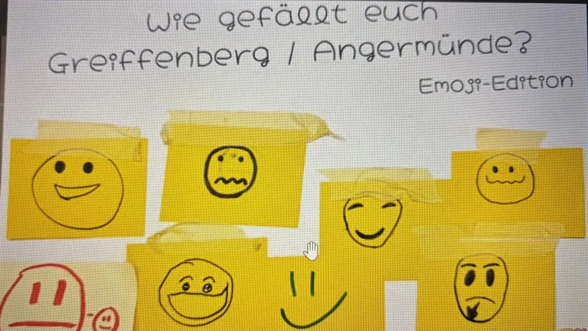 Was wünschen sich junge Leute in den Ortsteilen von Angermünde? Bei den neuen Gesprächsrunden "Pizza & Talk" können Kinder und Jugendliche Wünsche und Kritiken anbringen. In Greiffenberg gestalteten sie eine Pinnwand mit Emoji-Symbolen.