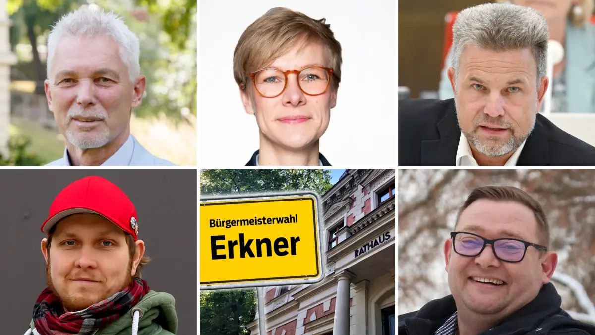 Bürgermeisterwahl in Erkner 2026: (von links oben): Amtsinhaber Henryk Pilz (parteilos), Jana Gruber (SPD), Philip Zeschmann (AfD); (unten von links) und David Gehlhaar (Die Linke) und Alexander Fiedler (parteilos).