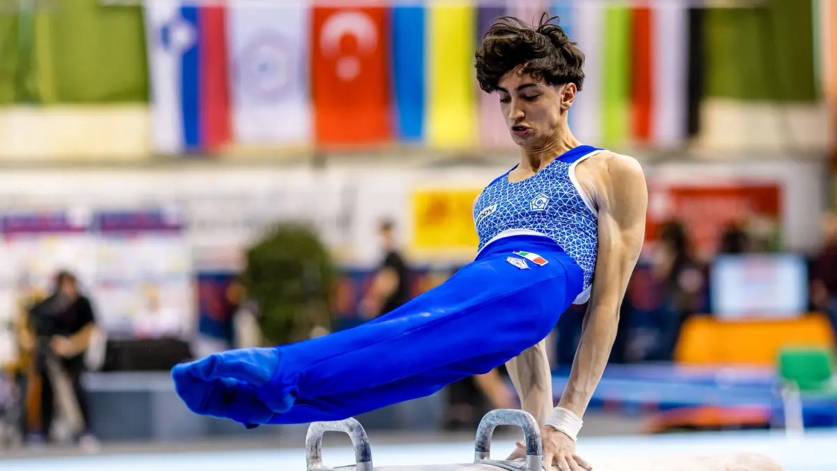 49. Turnier der Meister Cottbus 2026: Turnen, Weltcup, Lausitz-Arena, Finale: Gabriele Targhetta aus Italien turnt sein Finale am Pauschenpferd.
