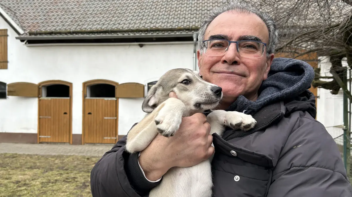 Hasan Tatari mit einem von acht Welpen, die einer dramatischen Evakuierung aus der Ukraine gerettet werden konnte.