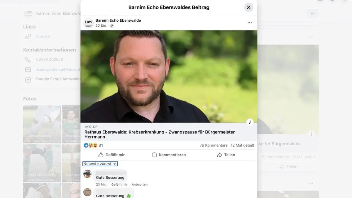Screenshot von dem Facebook-Konto des Barnim Echo Eberswalde. Die sehr persönliche Nachricht, mit der Götz Herrmann seine Krebserkrankung publik gemacht hat, bewegt die Eberswalder.