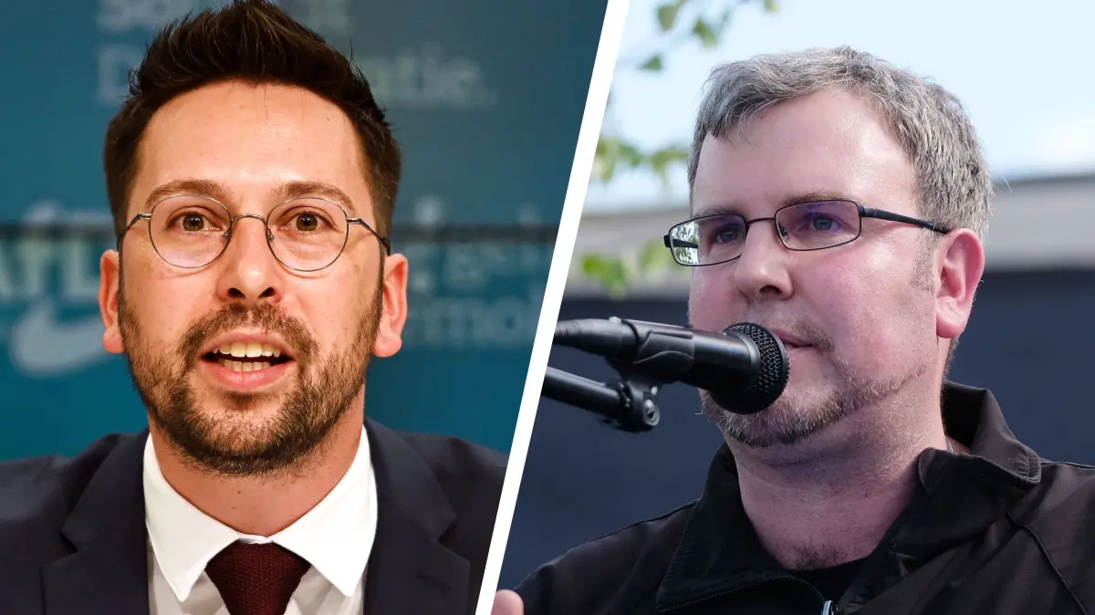 Dennis Hohloch, AfD-Landtagesabgeordnter aus Brandenburg, und Oliver Hilburger, Vorstandsvorsitzender des Vereins Zentrum, der sich selbst Gewerkschaft nennt.