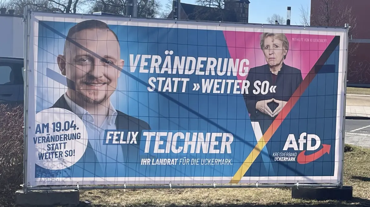 Der Landratswahlkampf in der Uckermark geht in die heiße Phase. Ein KI-generiertes Plakat der AfD zeigt die amtierende Landrätin Karina Dörk - mit Merkel-Raute und NS-Symbolik. Was es damit auf sich hat.
