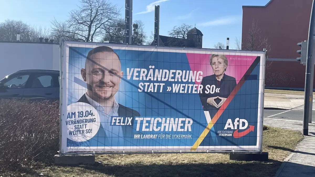 Der Landratswahlkampf in der Uckermark geht in die heiße Phase. Ein KI-generiertes Plakat der AfD zeigt die amtierende Landrätin Karina Dörk - mit Merkel-Raute und NS-Symbolik. Was es damit auf sich hat.