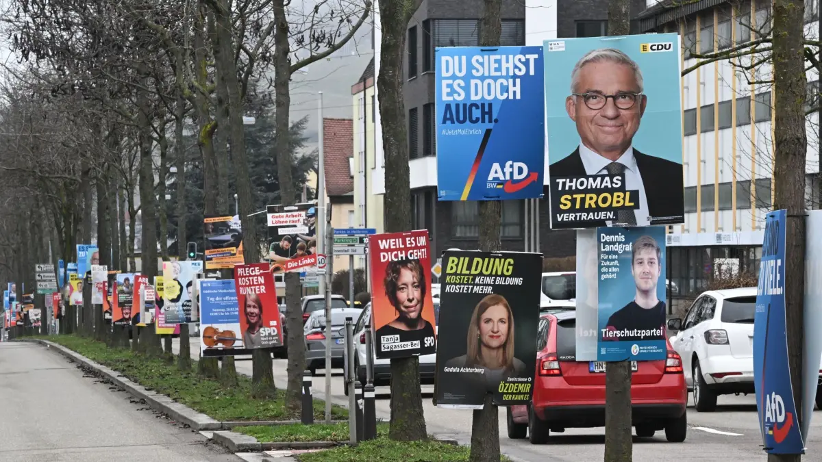 Landtagswahl in Baden-Württemberg - Wahlplakate: PRODUKTION - 25.02.2026, Baden-Württemberg, Heilbronn: Wahlplakate der Parteien für die Landtagswahl 2026 in Baden-Württemberg sind an Bäumen einer Allee an einer Zufahrtsstraße befestigt. Foto: Bernd Weißbrod/dpa - ACHTUNG: Nur zur redaktionellen Verwendung im Zusammenhang mit einer Berichterstattung die Landtagswahl 2026. +++ dpa-Bildfunk +++