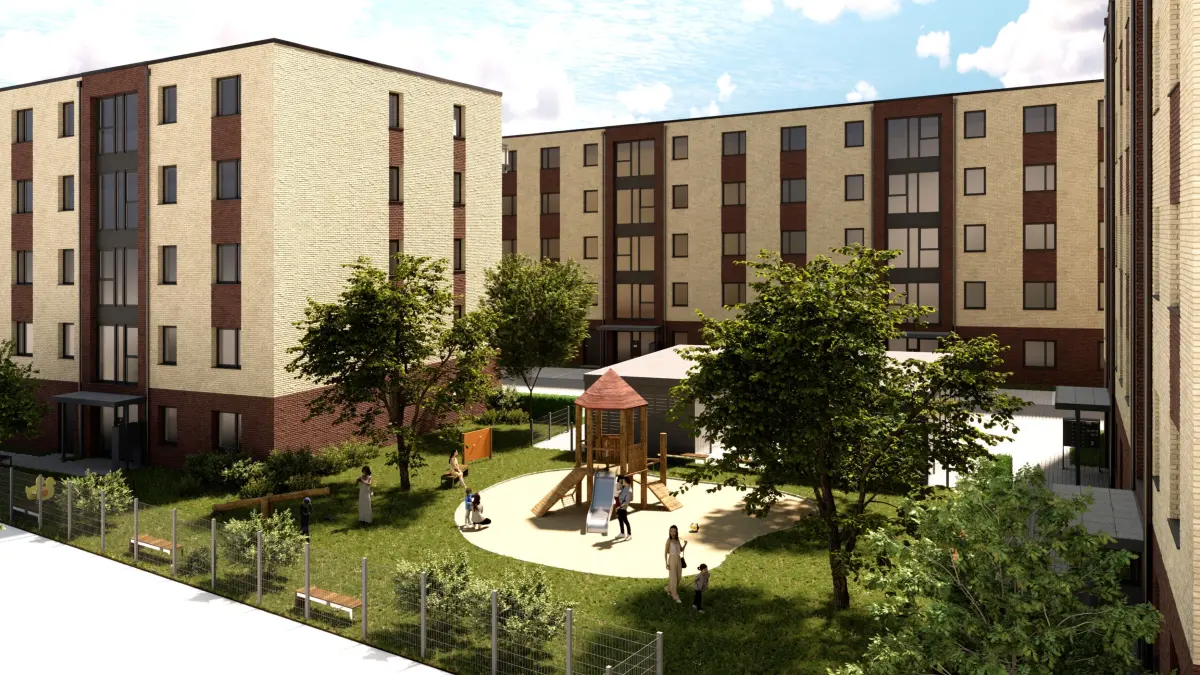 So könnte das neue Wohnquartier mit Spielplatz und Grünflächen an der Heinersdorfer Straße aussehen. Insgesamt sind 104 Wohnungen geplant.