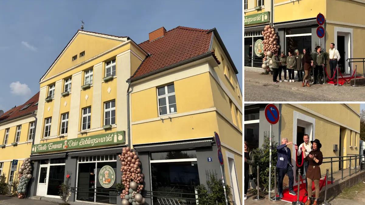 Bürgermeister Thomas Mix und die Betreiber Julia ten Napel und Marcus Hacker feiern die Eröffnung des neuen Tante-Emma-Ladens. Wie die Entstehungsgeschichte zeigt, war es ein langer Weg bis hierhin.
