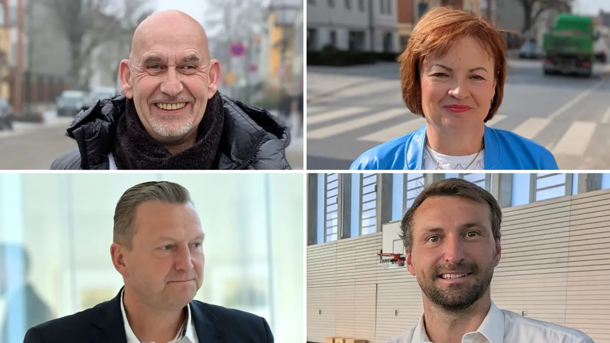 Die vier Kandidaten zur Bürgermeisterwahl in Panketal: Michael Giese (parteilos, o.l.), Christiane Herrmann (BVB/Freie Wähler, o.r.), Steffen John (AfD, u.l.) und Maximilian Wonke (SPD, u.r.), März 2026