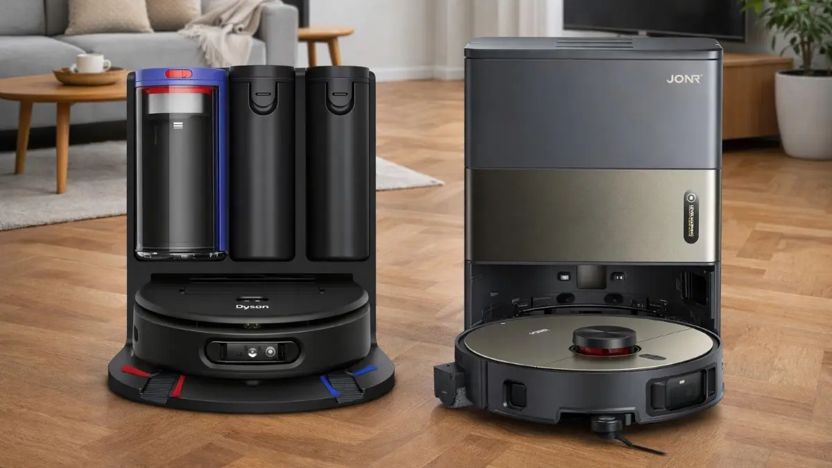 Ein Ziel, zwei Systeme. Dyson setzt auf die bekannte Zyklontechnologie und ist beutelfrei, JONR bleibt beim Standard für Robosauger mit Beutel.