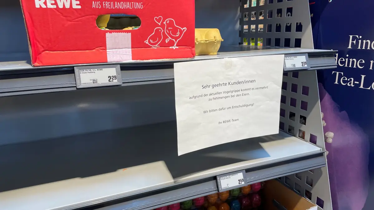 Fast leeres Eierregal bei Rewe in Basdorf