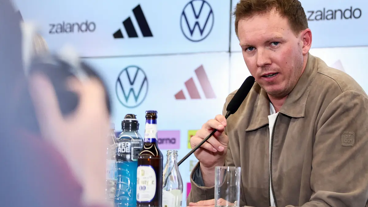 Germany's head coach Julian Nagelsmann addresses a press conference in Frankfurt am Main, western Germany, on March 19, 2026, where he announced the Germany squad for the upcoming set of friendlies ahead of the World Cup 2026 this summer. (Photo by Hannes P. Albert / AFP)