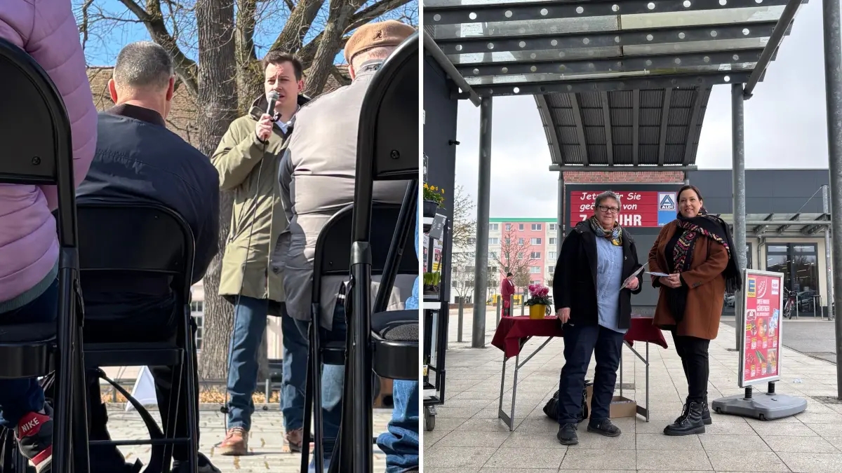 Zwei Kandidaten wollen Bürgermeister von Strausberg werden. Beide sind sie parteilos. Doch in der letzten Woche vor der Stichwahl. Suchen die beiden den Kontakt zur Wählerschaft auf unterschiedliche Weise. Patrick Hübner (links) erklärt das Prinzip der Briefwahl und beteuert seine Unschuld auf dem Marktplatz. Anette Binder begrüßt ohrem Wahlkampfteam Strausberger beim Samstagseinkauf vor Edeka.