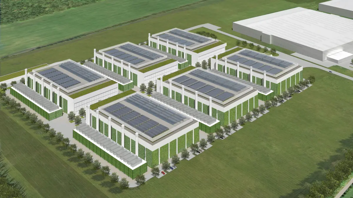 Visualisierung des Großprojektes: In Frankfurt (Oder) soll neben den weitgehend leer stehenden First Solar-Hallen ein Rechenzentrum gebaut werden.