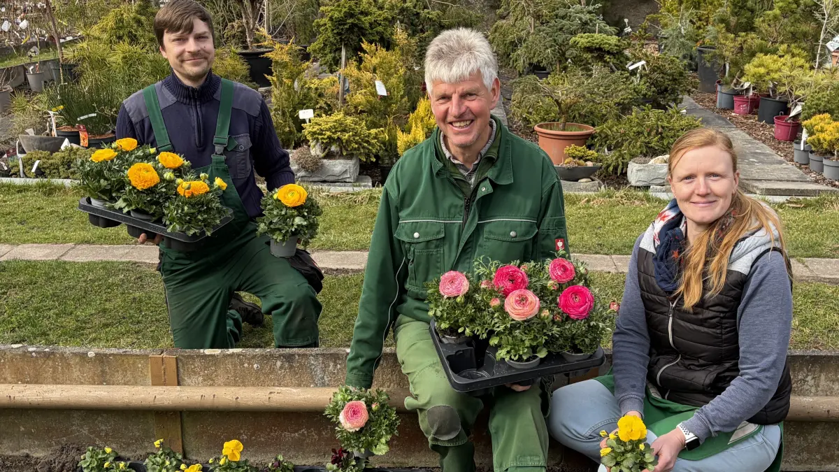 Das Trio mit dem grünen Daumen: Praktikant Christian Piontbowski, Gartenbauingenieur Jörg Forhoff und Floristin Doreen Spiegelberg (v. l.) von Blumen Kunze in Bad Freienwalde stehen Ratsuchenden in Bezug auf Garten mit Rat und Tat zur Seite.