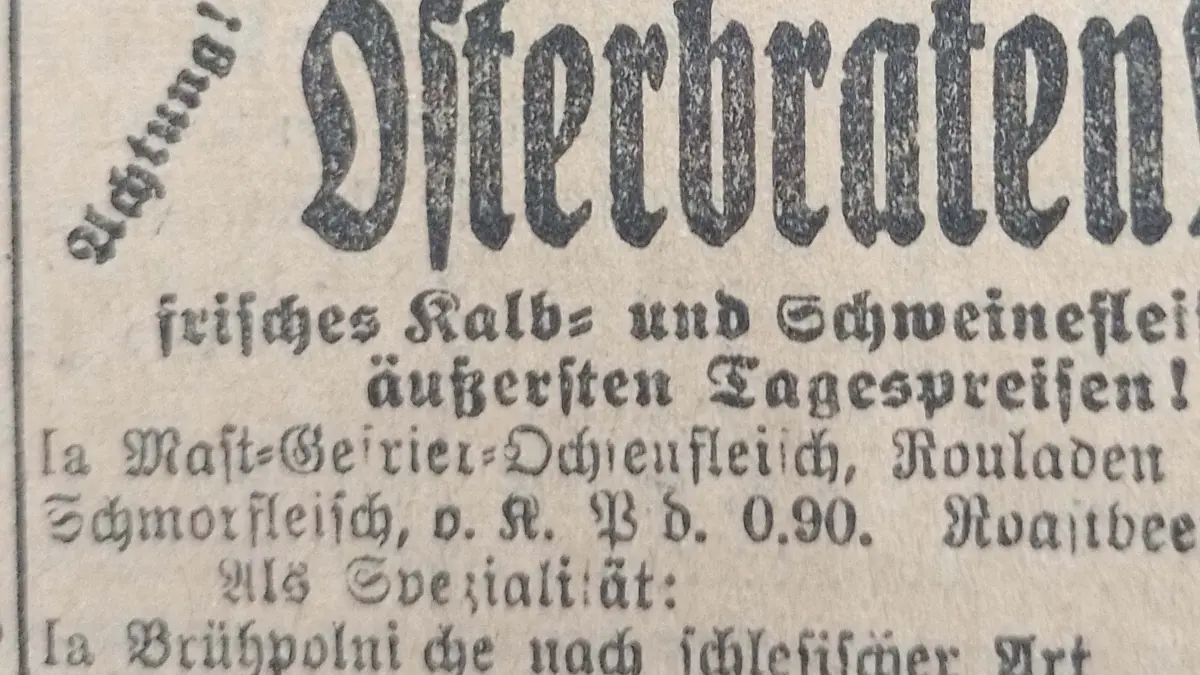 Oster-Annonce aus der Fürstenwalder Zeitung: Vor den Feiertagen überschlugen sich die örtlichen Händler im Anzeigenteil, um ihre Waren anzupreisen. Kalbs- und Schweinefleisch waren als Festtagsbraten beliebt, wie diese Anzeige vom 2. April 1926 zeigt.