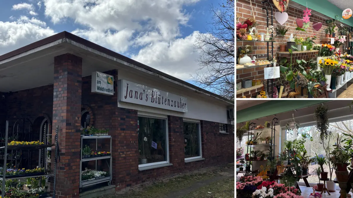 Links ist die Außenansicht des Einzelhandels Jana’s Blütenzauber in Strausberg zu sehen, rechts der Blick in den Verkaufsraum des Blumenladens, der Ende Mai nach 26 Jahren schließt.