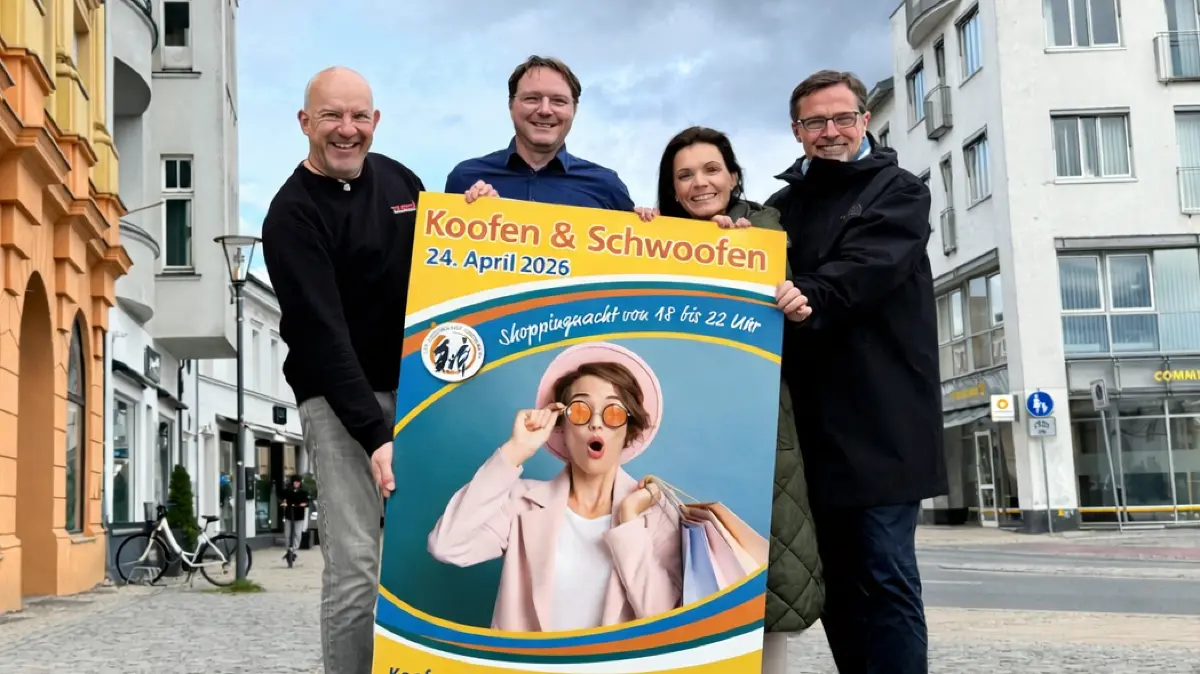 Koofen & Schwoofen in Oranienburg am 24. April 2026, von links: Dirk Henke brandt gravuren GmbH, Steffen Hennes lux Augenoptik, Denise Deutsch von der TKO / Tourist-Info, Marcus Herrmann Innenstadtmanagement Oranienburg
