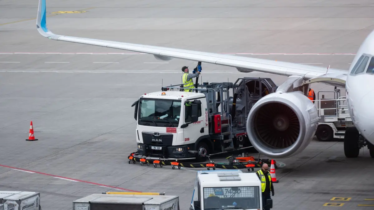 Flughafen Berlin Brandenburg BER: ARCHIV - 17.07.2025, Brandenburg, Schönefeld: Ein Mitarbeiter betankt am Terminal des Flughafens BER ein Flugzeug mit Kerosin. (zu dpa: «Europäischer Flughafenverband warnt vor Kerosin-Knappheit») Foto: Christophe Gateau/dpa +++ dpa-Bildfunk +++