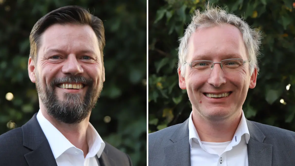 Gehen am 26. April in die Stichwahl: Fürstenwaldes amtierender Bürgermeister Matthias Rudolph (links) und sein Herausforderer Mathias Papendieck.