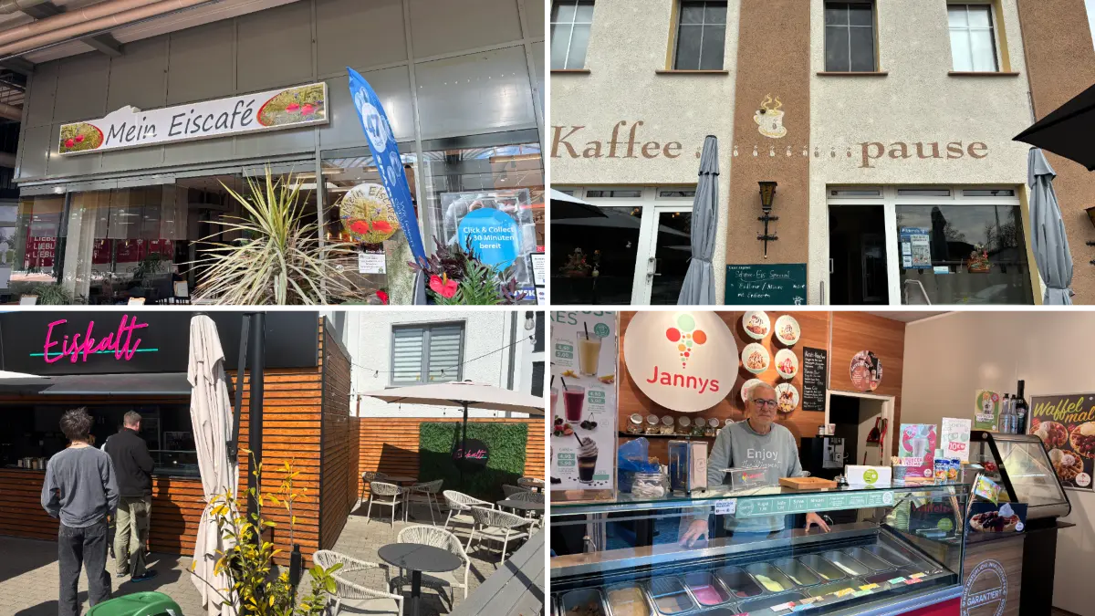 Mein Eiscafé, Kaffee Pause, Eiskalt und Jannys-Inhaber Thomas Kramer (von links oben nach rechts unten) – vier von sechs Eisläden in Strausberg, die in dieser Saison mit unterschiedlichen Preisen und Angeboten locken.