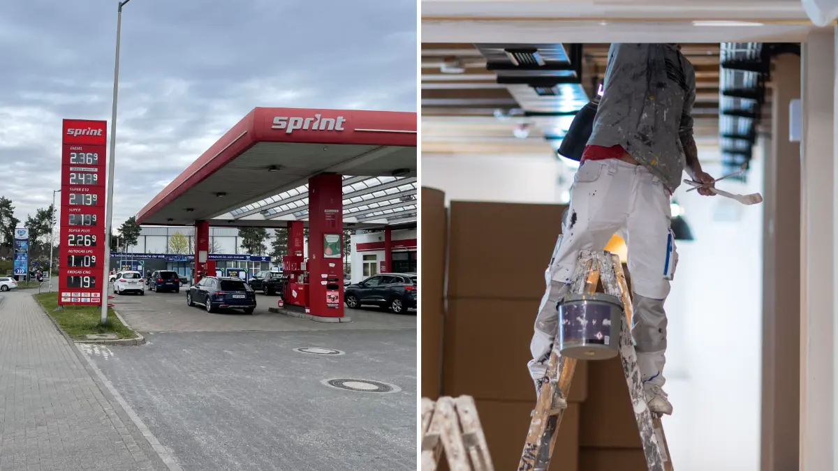 Die Sprint Tankstelle am A10 Center Wildau am 10. April 2026 und ein Handwerker (Symbolbild). Die hohen Spritpreise geben viele Handwerker an ihre Kunden weiter.