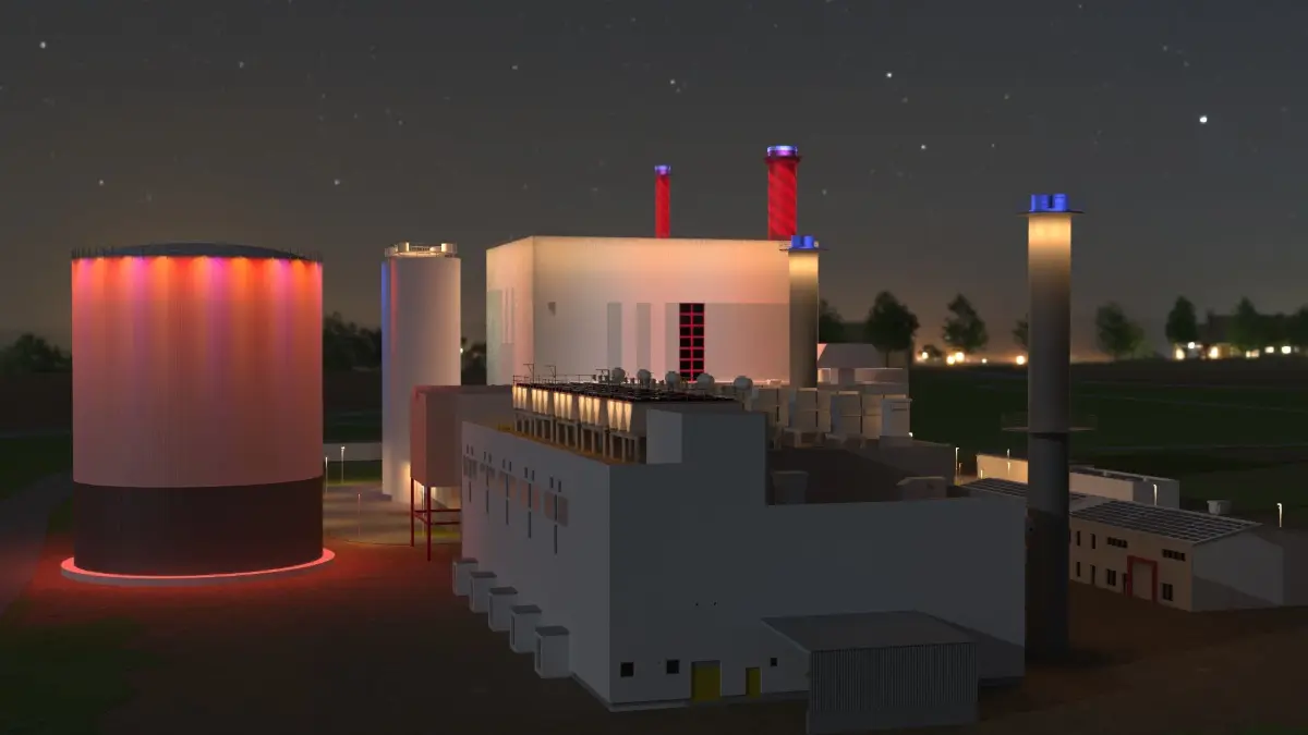 Heizkraftwerk und Wärmespeicher der Stadtwerke Frankfurt (Oder) sollen künftig in der Abenddämmerung beleuchtet werden. (Visualisierung)