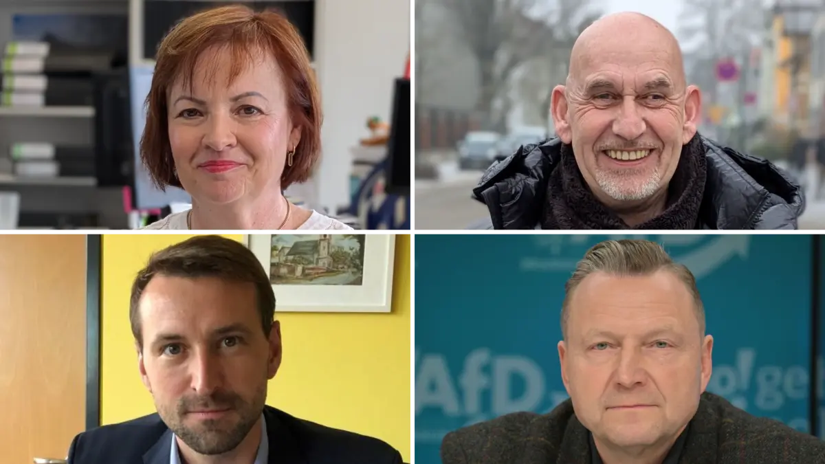 Christiane Herrmann (BVB/Freie Wähler), Michael Giese (parteilos, o.r.), Maximilian Wonke (SPD, u.l.), Steffen John (AfD, u.r.), April 2026