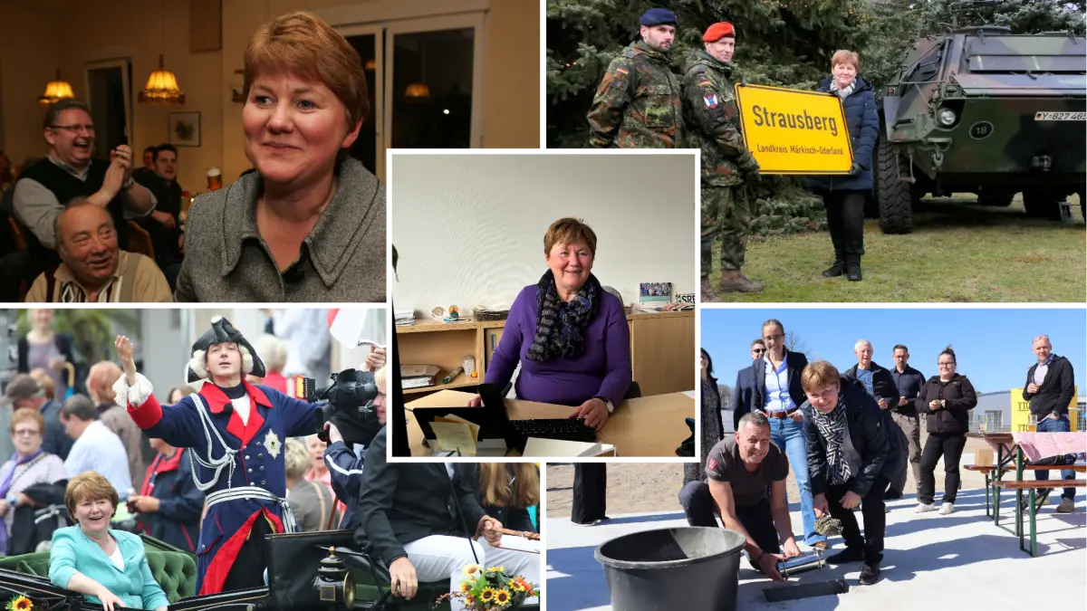 Elke Stadeler blickt in ihrem Büro (Mitte) auf ihr Amt als Bürgermeisterin zurück. Oben links: der Wahlsieg 2010, unten links: beim 775. Stadtjubiläum in der Kutsche, oben rechts: Elke Stadeler bei der Bundeswehr und unten rechts bei einer Grundsteinlegung.