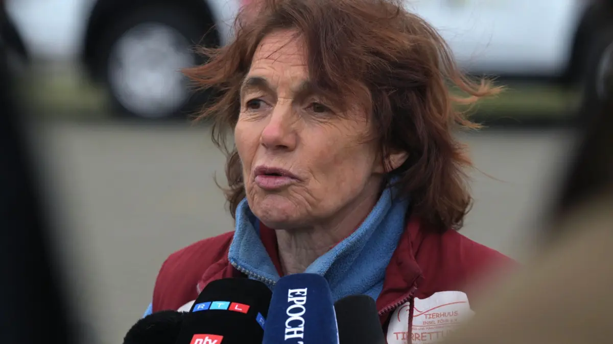 Rettungsaktion für den Buckelwal: 19.04.2026, Mecklenburg-Vorpommern, Wismar: Tierärztin Janine Bahr-van Gemmert, Tierärztin und Beteiligte an der Rettungsaktion für den Wal, spricht mit Medienvertretern. Die Rettungsaktion für den vor der Insel Poel gestrandeten Buckelwal geht möglicherweise nach Angaben der privaten Initiative in ihre entscheidende Phase. Foto: Stefan Sauer/dpa +++ dpa-Bildfunk +++