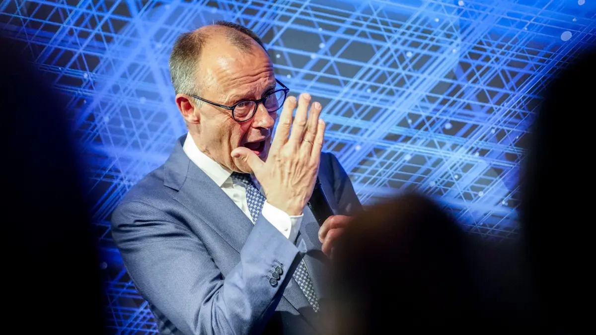 Jahresempfang 75 Jahre Bundesverband deutscher Banken: 20.04.2026, Berlin: Bundeskanzler Friedrich Merz (CDU) spricht beim Jahresempfang 75 Jahre Bundesverband deutscher Banken e.V.. Foto: Kay Nietfeld/dpa +++ dpa-Bildfunk +++